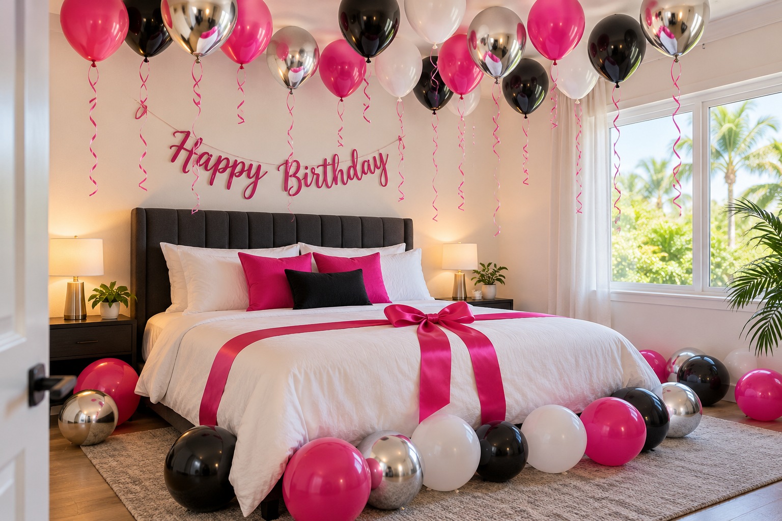 Birthday styling concept with hot pink, black, and silver balloons